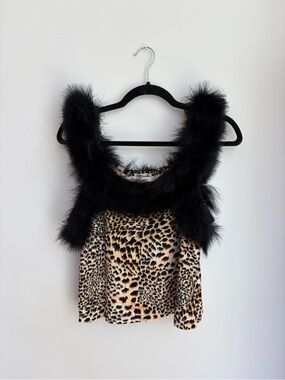 Vintage Leopard Print Tank with Black Faux Fur Trim
